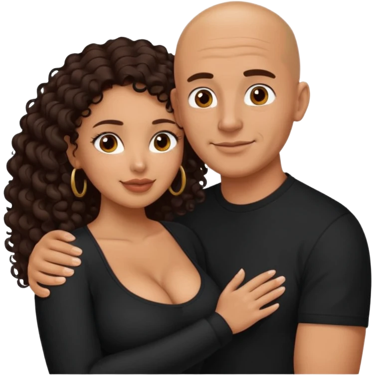 A picture of an embracing tanned couple. the man is a Mexican man with tanned skin, with a bald hair cut, and wearing a black shirt. the woman is mixed, with glasses,  with long curly dark brown hair and with big boobs. Remove the glasses from the guy emoji