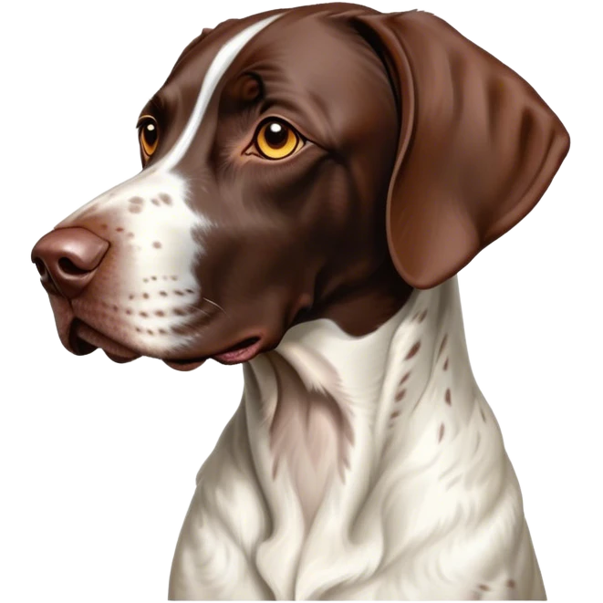 Cinematic Noble German Pointer Portrait Emoji, Poised and regal, with a lean, athletic build and a sleek, short coat in liver and white, deep-set soulful brown eyes, Simplified yet sharp and sophisticated features, highly detailed, glowing with a soft, dignified glow, high shine, intelligent and driven, stylized with an air of determination, focused and attentive, soft glowing outline, capturing the essence of a watchful and commanding hunter, so majestic it feels as though it could sprint out of the screen with effortless authority! emoji