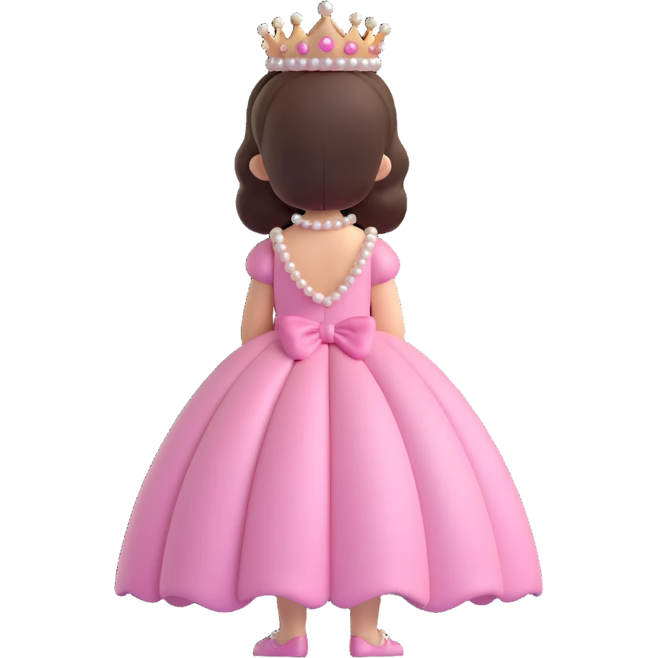 elegant little princess in a pink dress with pearls and a tiara, back view, iOS 3D emoji style, glossy, modern and sweet emoji