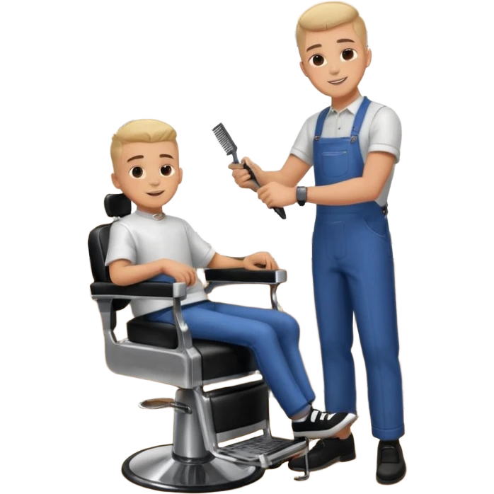 Barber cutting boys hair. Show the boy sat in black barber chair and both having smiles on their faces emoji