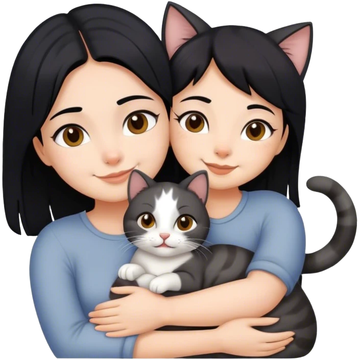 happy girl with black hair hugging three cats  (carey cat, gray cat, brown calico cat) emoji