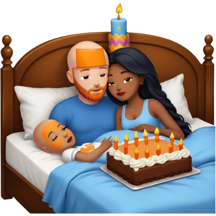 Bald white male with orange ginger beard and blue eyes kissing African American dark brown woman with long black hair

Laying in bed with birthday cake emoji
