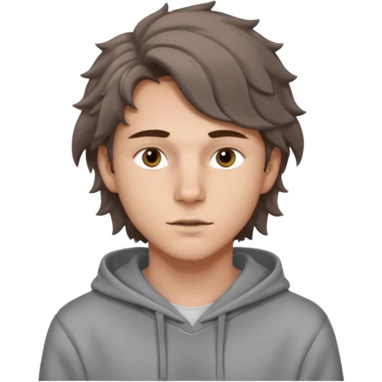 18 year old boy siren eyes good jawline with grey hoodie and long brown wavy wolf cut hair emoji