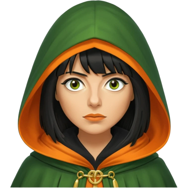 claudia winkleman with a heavy fringe and an orange tan as a traitor with a green hooded cloak with a gold clasp and dark black eyeliner emoji