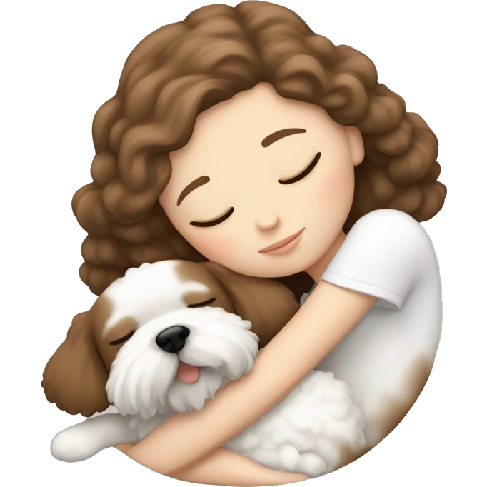 White girl brown hair sleeping with Mini Bichon emoji