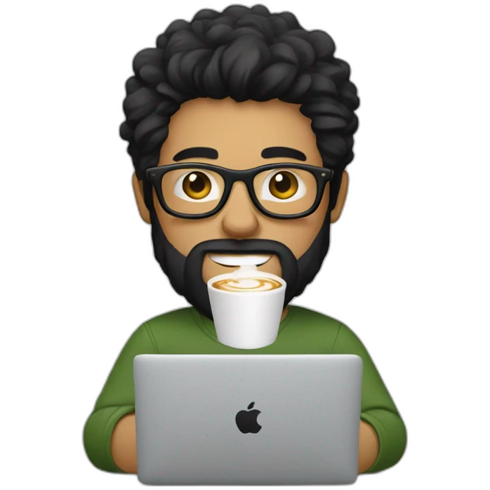 Designer with black hair, beard and glasses working with MacBook and drinking cappuccino  emoji