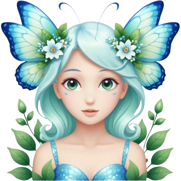 Beautiful pastel white shiny glittery flowery floral natural nature and green and blue fae-butterfly-floral-anime-lady divine gorgeous beautiful with nature background  emoji