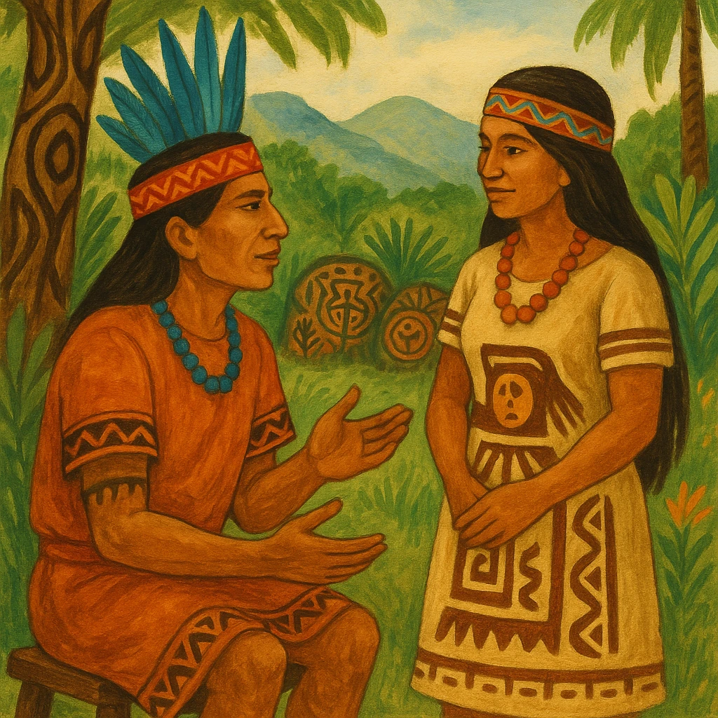Scene of an indigenous Costa Rican man and woman conversing, with visual elements reflecting the indigenous identity of Costa Rica. emoji