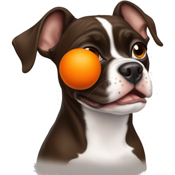 Brown Boston terrier with an orange ball in his mouth emoji