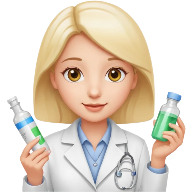 pharmacist girl with white coat holding medicine cheerful sunny eyes emoji