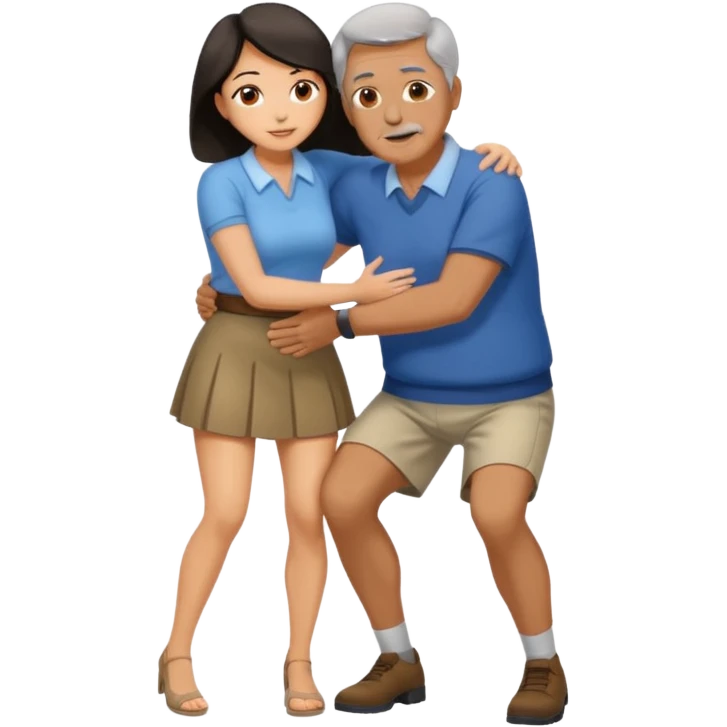 older man with dark hair on knees, facing dark haired, middle aged woman in a micro mini skirt, hugging her waist emoji