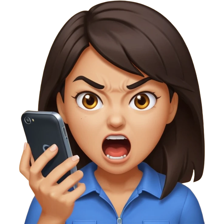 furious girl yelling into a smartphone, intense facial expression, energetic emoji