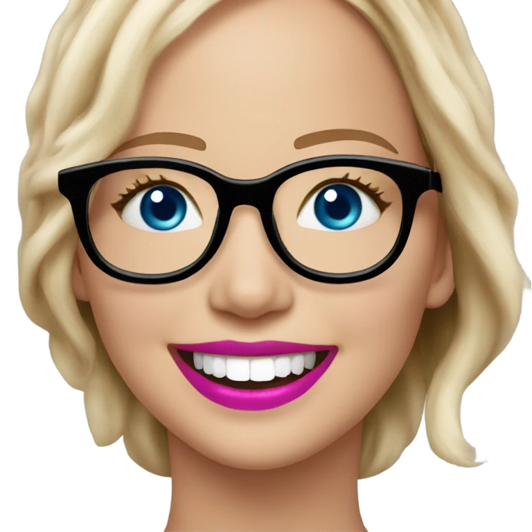 Happy laughing Jennifer Lawrence,  blue eyes wearing glasses and pink lipstick  emoji