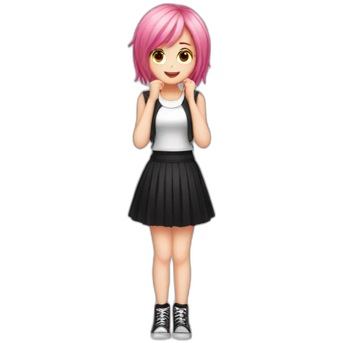 Full body Front view curvy emo girl pink hair sits on the floor straight view hands up black skirt полосатые рваные чулки emoji