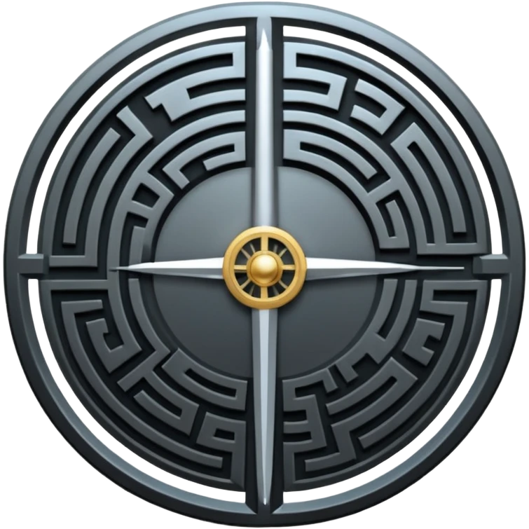 A vertical sword in the center of a circular maze, inside of which is embedded a thin astrolabe. The lines are strict, geometric, and symmetrical. The material is a dark metal (antimonium). The style is a minimalistic alchemical sign. emoji