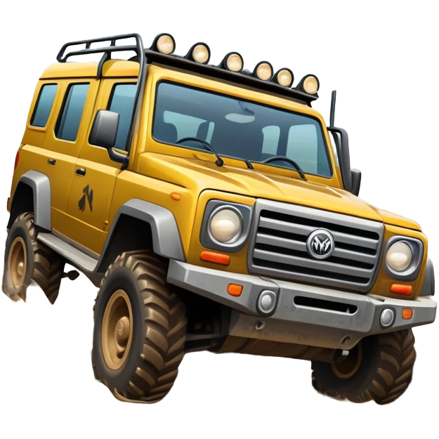 An icon showing an off-road vehicle driving through muddy terrain, inspired by Expeditions: A MudRunner Game. The design features splashing mud, rugged tracks, and dynamic movement, symbolizing the challenge of navigating tough landscapes. Transparent background emoji