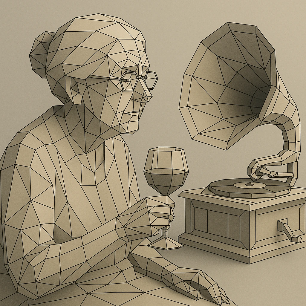 old lady with wineglass listening to gramophone emoji
