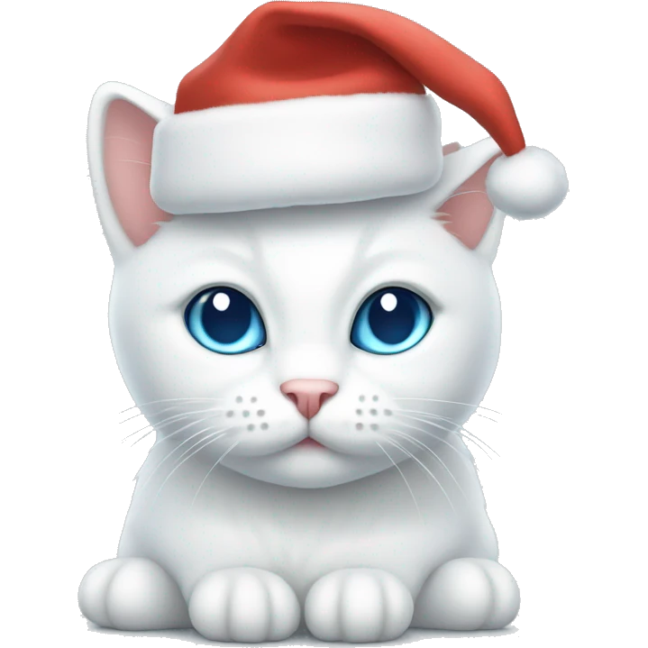 white cat with light blue eyes sitting and having a christmas hat on emoji
