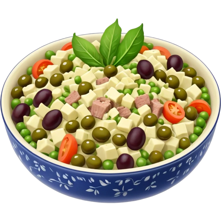 Salată de boeuf: a Romanian festive salad made with finely chopped boiled vegetables, pickles, peas, and beef or chicken, all mixed with mayonnaise and decorated with olives and pickles. emoji