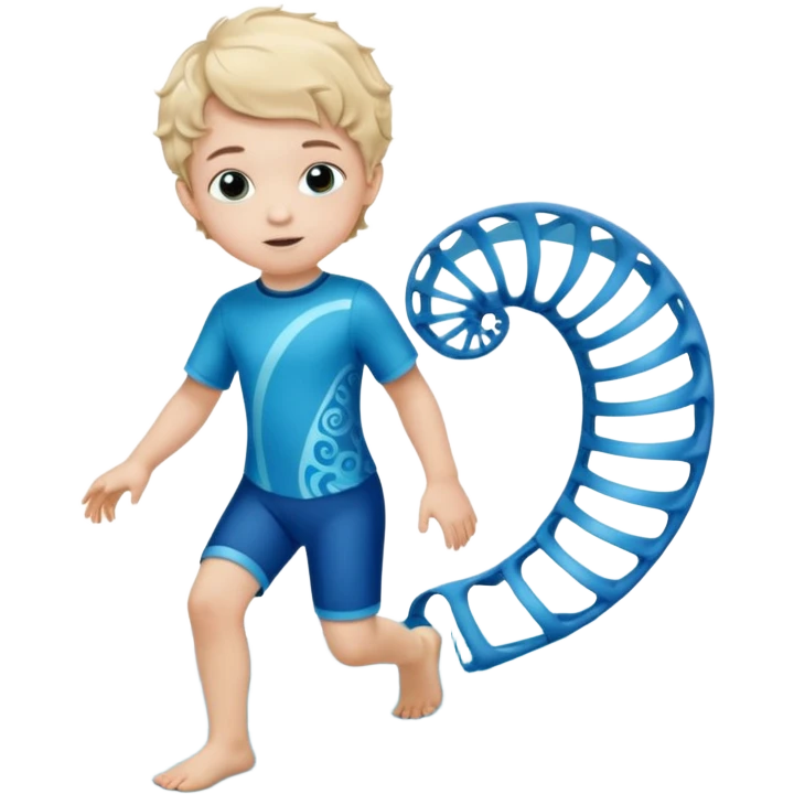 A little male child with a nice outfit and short curled hair and orthopedic ankle-foot orthosises (AFO) for a small child. The brace goes just below the knee and its with a bright blue water-like pattern with a spiral side design. emoji