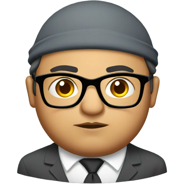 Grumpy fat indian teacher with glasses, and wearing gray beret and small eyes emoji