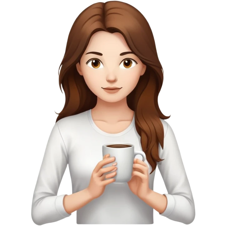 Yoga Woman white shirt long brown hair drinks coffee emoji