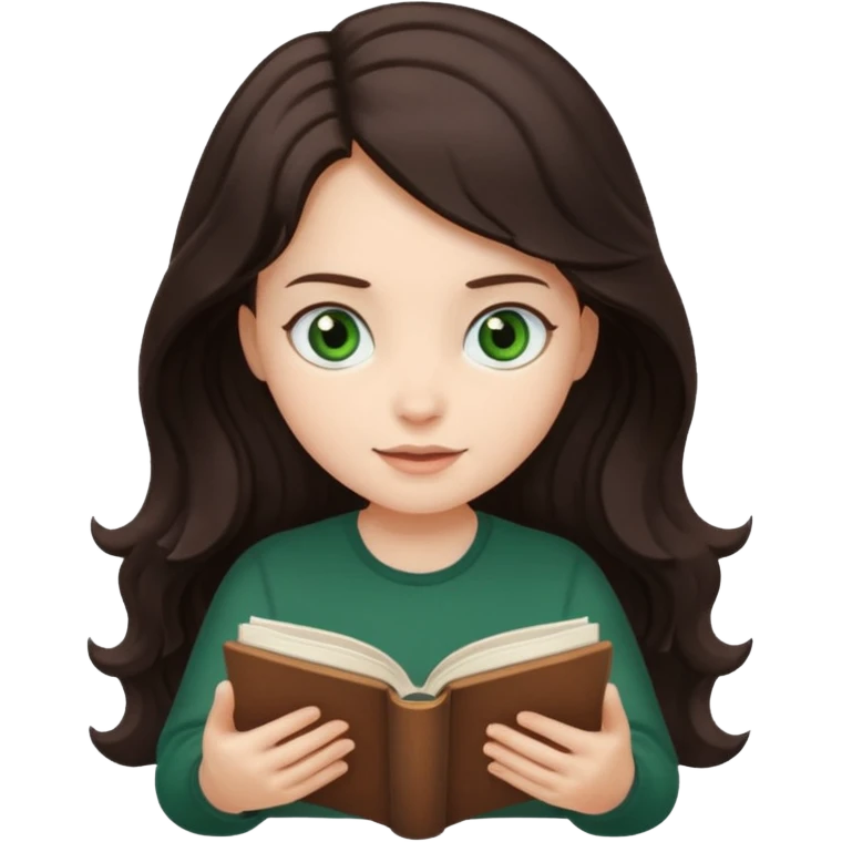 Long wavy dark brown haired, white skinned, dark green eyed girl reading a book emoji