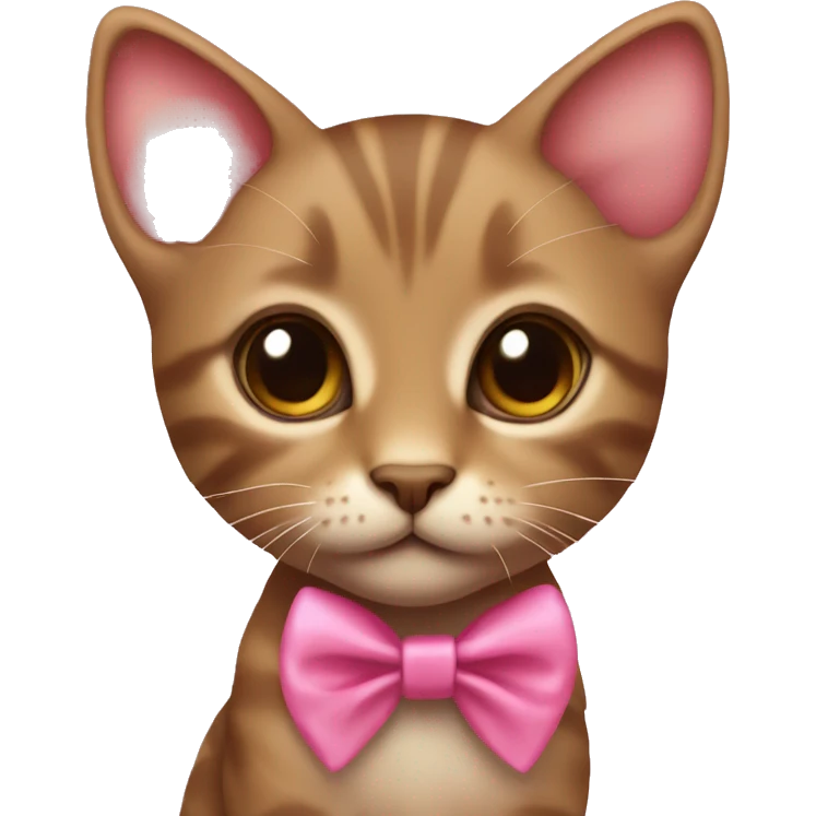 Little brown kitten with a pink ribbon around its neck, with big brown eyes and pink toungue emoji