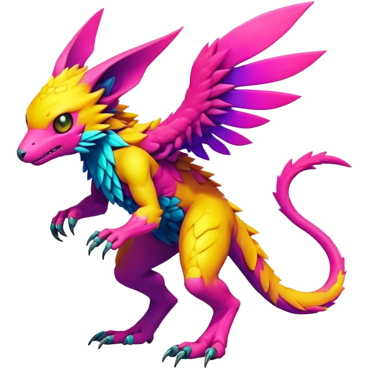 Tropical lush warm-colored modern colorful neon-colored cyber-Fakémon-Digimon-Trico-Vernid-creature emoji