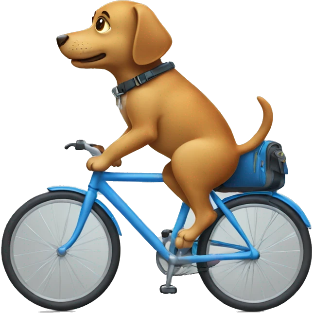 A dog is riding a bicycle and wearing a backpack. emoji