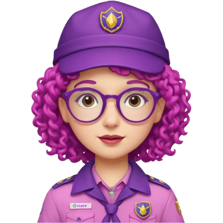 scout girl with very pink scout uniform including hat, purple curly haired and glassess emoji