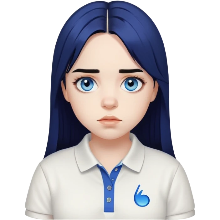 billie eilish long black hair blue eyes dark eyeliner makeup, wearing white polo shirt emoji
