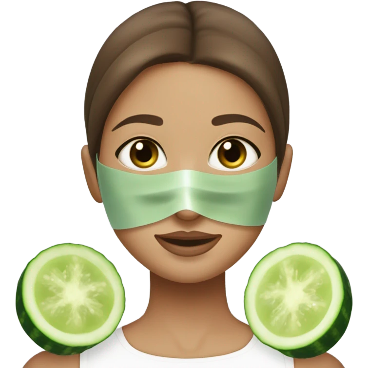 Girl with freackles Brown hair white skin Tone and blue eyes wears Green skin care mask while She relaxes and cucumber on her closed eyes emoji