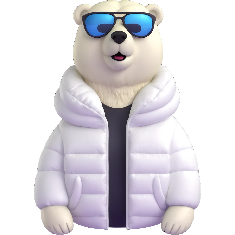 polar bear wearing a white puffer jacket and sunglasses emoji