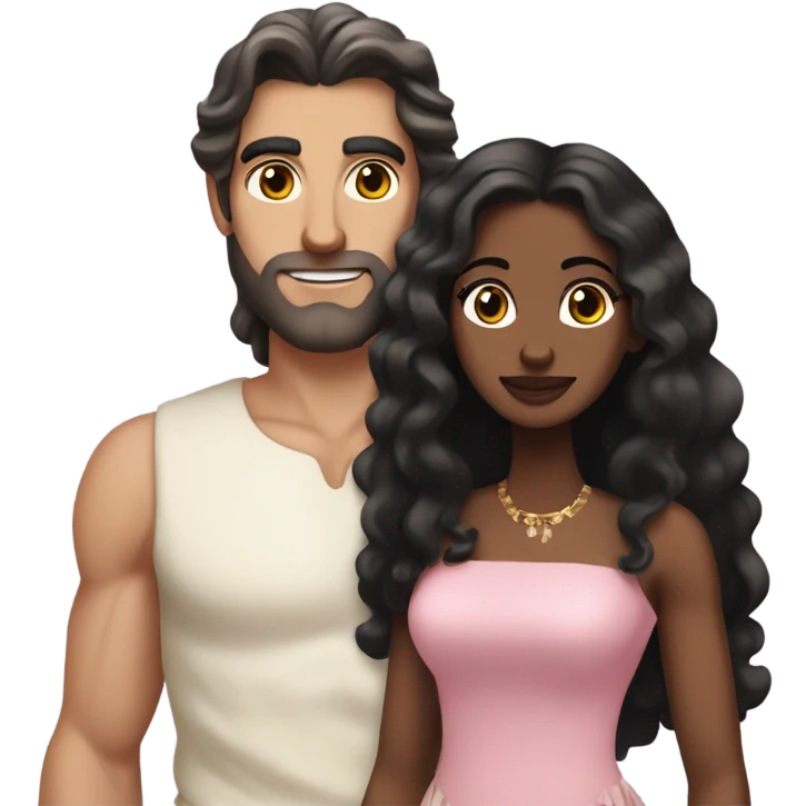 A handsome pale Greek god man who has long brown hair and tanned skin with a pretty black woman who has long black hair and she is wearing a pink dress and they are a couple emoji