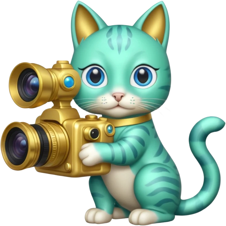 A green cat with blue eyes holds a camera and a gold horse statue  emoji