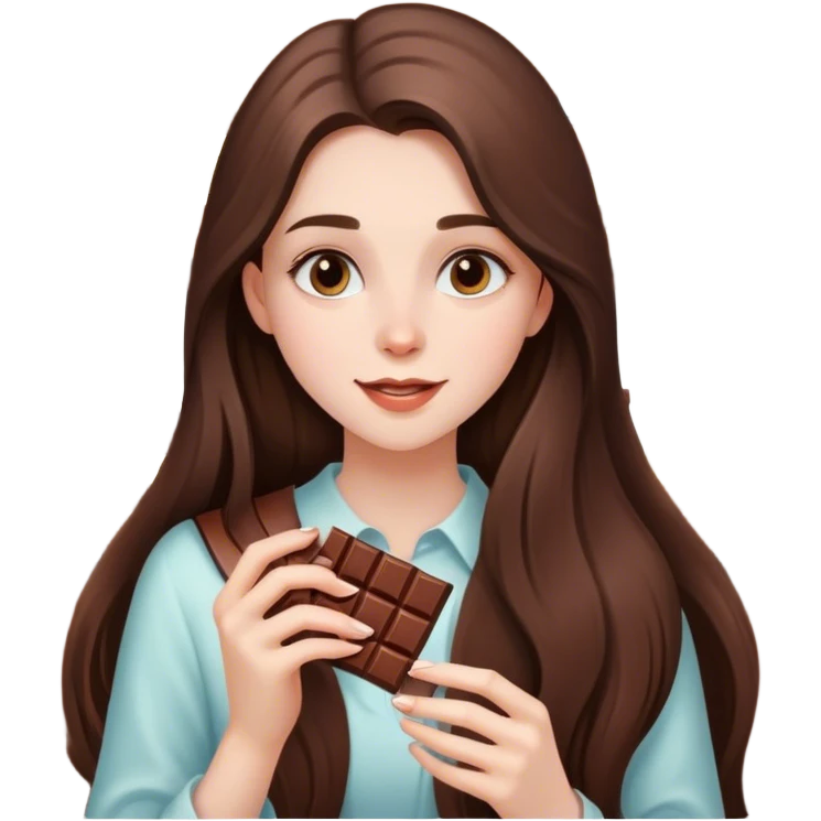 beautiful pale brunette girl with long hair enjoying a bar of chocolate  emoji