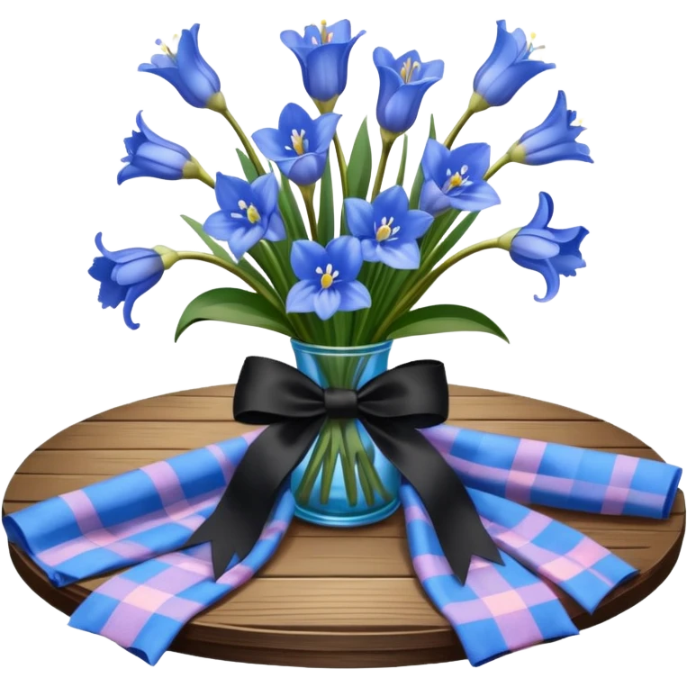 A lush bouquet of bright blue color bluebell black satin ribbon, resting on an antique wooden table, with a pale yellow and pink plaid pattern table cloth emoji
