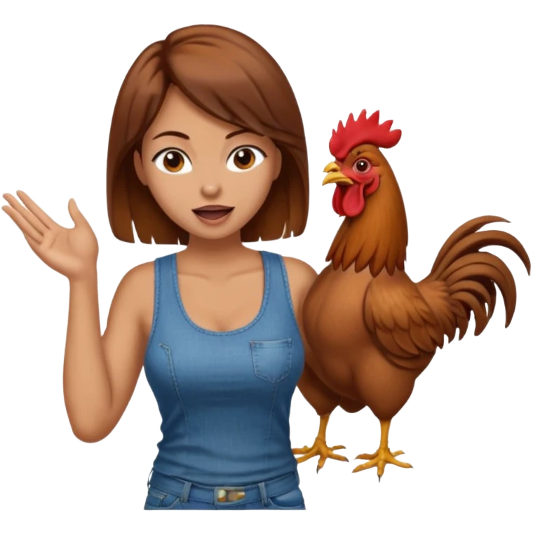 Kneeling Brown hair very large boob Woman open mouth tank top, wearing jeans touching one rooster emoji
