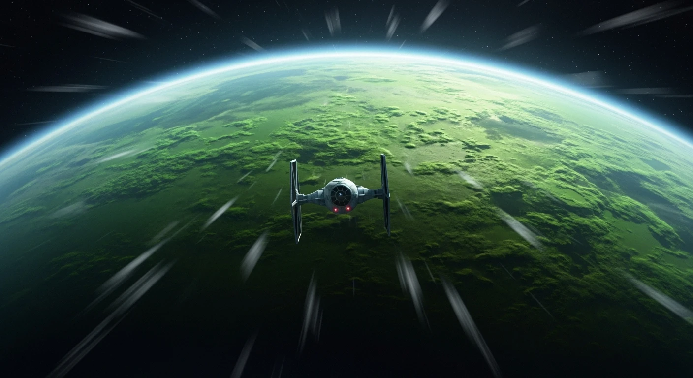 cinematic still, motion blur shutter speed, establishing shot, shot from top, entire globe green planet, single starship coming to planet, inspired by StarWars movie, captured by arri alexa  emoji
