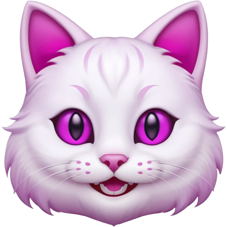 White cat smiling with teeth showing, pink inner ears, magenta purple eyes, looks like discord's Smiling Cat emoji emoji