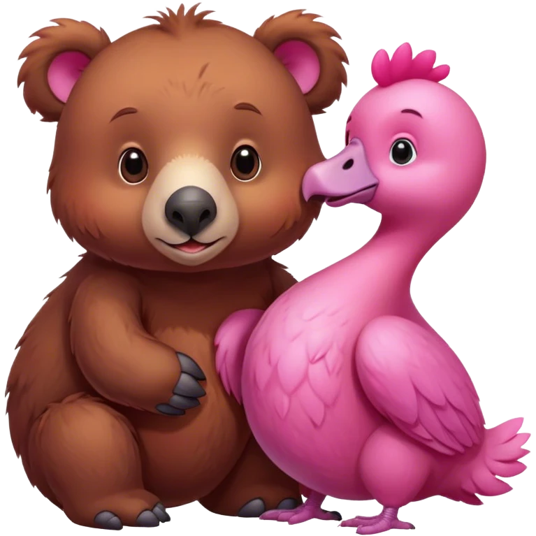 A cute brown bear and a realistic cute pink dodo closely together emoji