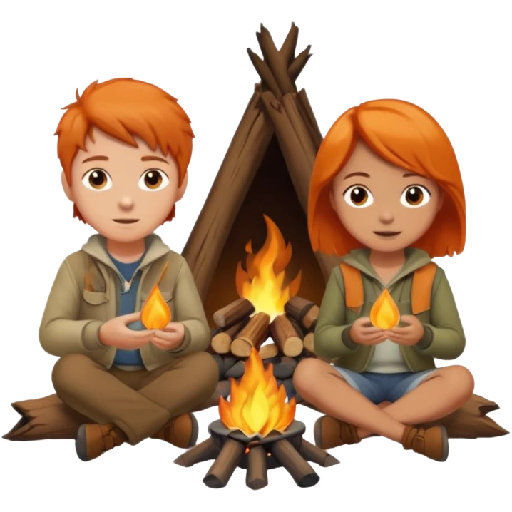 A boy with brown hair and a orange haired girl sitting at a campfire emoji