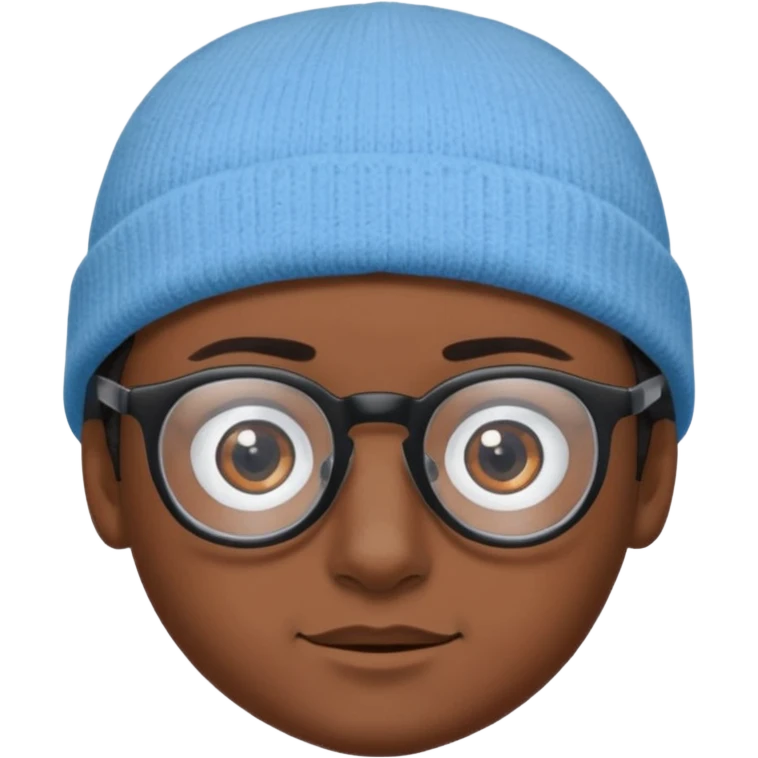 A boy or man emoji with medium-dark skin, wearing a light blue beanie and black-framed glasses, with brown eyes, dark eyebrows, a small nose, and a subtle smile on a clean-shaven face. emoji