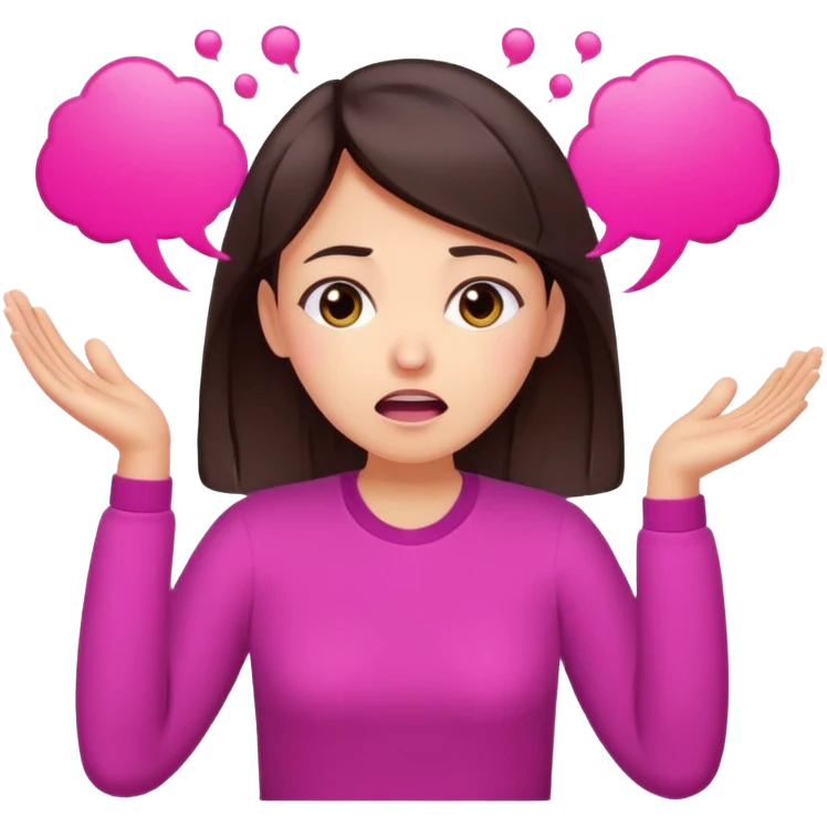 Social media manager. She has dark brown hair, brown eyes,stressed expression, exhaling deeply, hands slightly raised showing frustration. Use vibrant colors with a focus on pink and fuchsia tone emoji
