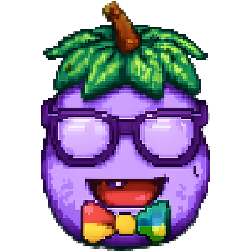 Add a colorful bow tie to the eggplant with nerdy glasses and goofy teeth, keep the background transparent. Maintain the original style and transparent background. emoji