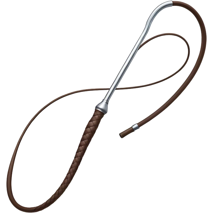 A whip mid-strike, curving dynamically through the air with motion lines to emphasize movement. The handle is detailed yet simple, with a leather-wrapped grip and a slightly glossy finish. The whip itself is long, flexible, and tapering, with a smooth, dark texture and subtle shading. emoji