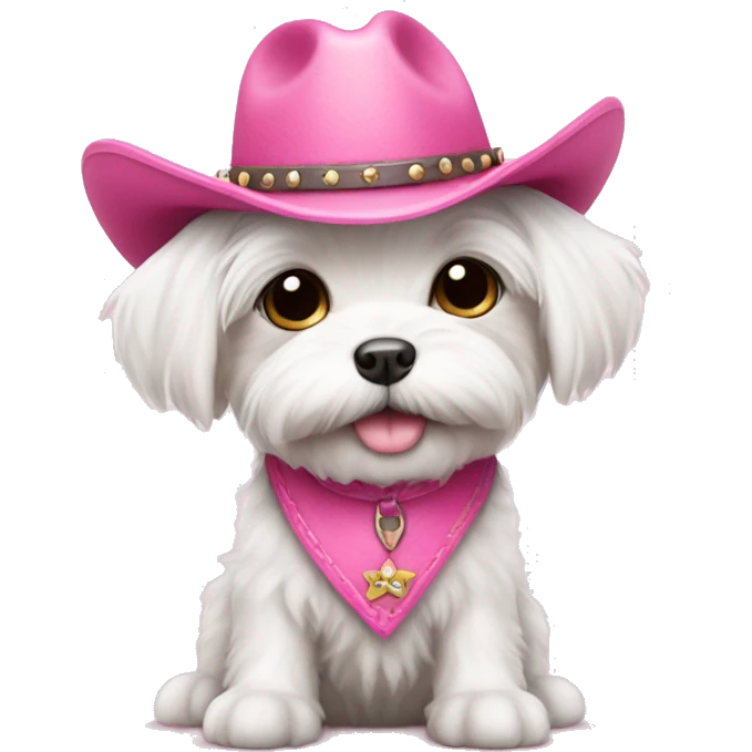 Cute small Maltese puppy wearing pink cowboy hat emoji