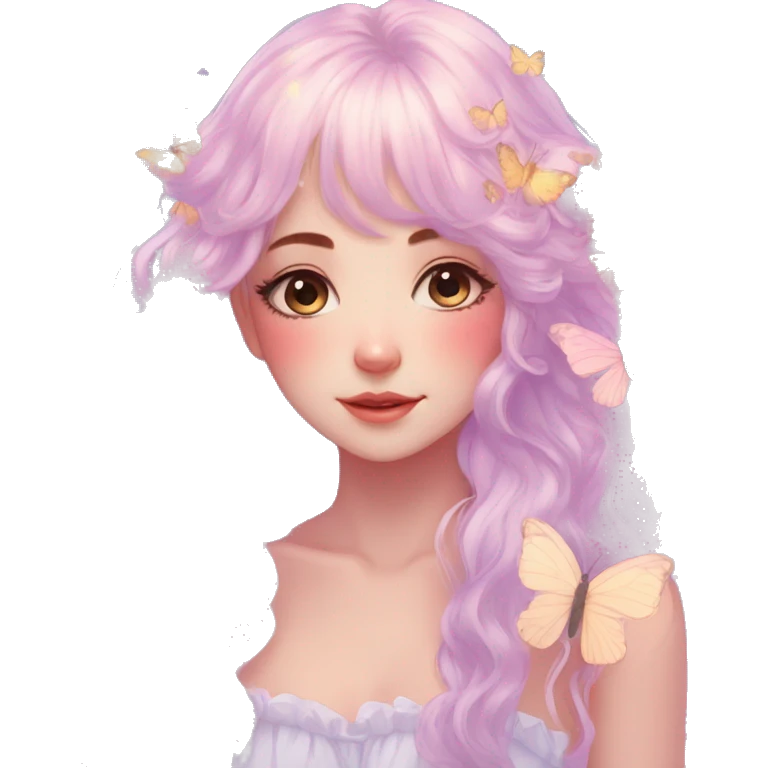 gorgeous anime pastel lady with butterflies and beautiful hair fairycore cottagecore emoji