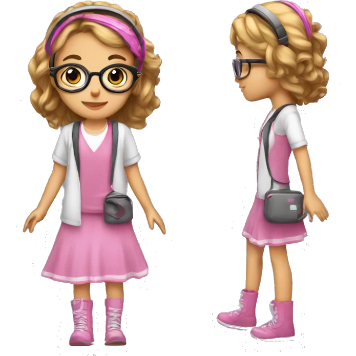 Niña de 12 años con de pelo y ojos cafés con unos auriculares de casco  negros con lentes rosas  emoji